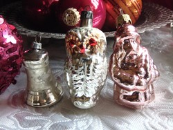 3 db antik üveg bagoly, télapó, harang karácsonyfadísz 