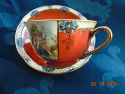 Altwien és Karlsbad Stilmalerei K.M.K.vár jel,szecessziós teás csésze alátéttel,  zsánerjelenettel