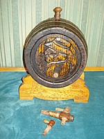 Vintage carved mulberry barrel (10l) with stand, taps