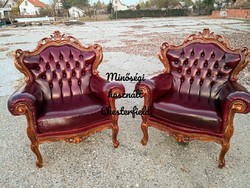 Gyönyörű chesterfield faragott barokk antik burgundi színű bőr fotelek!