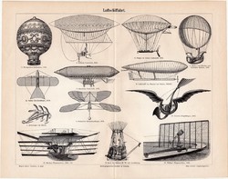 Repülés, egyszín nyomat 1894, német nyelvű, eredeti, légi szállítás, léghajó, repülőgép, 1893, 1783