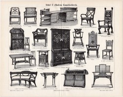 Bútor, egyszín nyomat 1896, német nyelvű, eredeti, modern, asztalos, fotel, szék, íróasztal, kómod