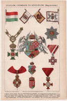 Zászlók, címerek, rendjelek, litográfia 1892, színes nyomat, eredeti, magyar nyelvű, Magyarország