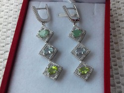 Valódi  smaragd, topáz,peridot & fehér CZ  ezüst fülbevaló 14k arany