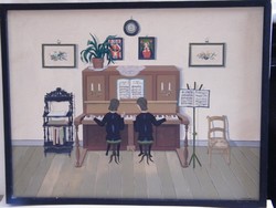 Micheline Boyadjian (belga naiv festő) olajnyomat kép, Két zongorista