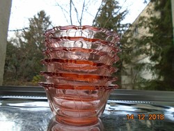 Antik rózsaszínű üveg,dombor perem mintás kompótos/pudingos tálka-6 db