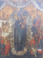 Orosz ikon az 1800-as évekből.Eredeti.Garancia.Mária kis Jézussal és a szentekkel.