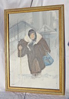 Kassai aláírással, Idős hölgy a hóban olaj festmény