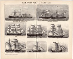 Kerekedelmi hajók II., egyszínű nyomat 1895, német nyelvű, eredeti, hajó, típus, gőz, vitorlás, régi