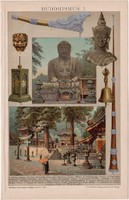 Buddhizmus I., litográfia 1892, színes nyomat, német nyelvű, Brockhaus, vallás, Buddha, kelet, régi