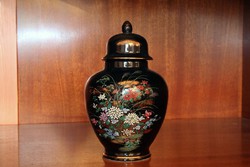 Japán fedeles kobaltkék virágos porcelán váza 