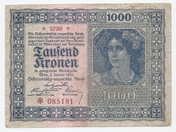 1000 Korona 1922 Osztrák - Magyar Bank  Vízjel nélküli változat