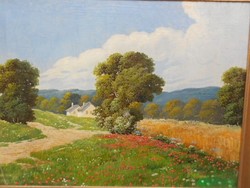 Barsi Béla "Virágzó tavaszi táj" Antik festmény szép keretben.
