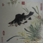 Kínai akvarell, vizivilág hal csuka vagy sügér