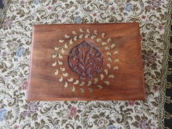 Antique carved wooden box with copper inlay - wooden box