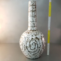 Sötétbarna, szürke, csigamintás, iparművészeti, hódmezővásárhelyi mázas kerámia váza (626)