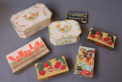 Régi csokoládé dobozok, Szerencsi, Rumpraliné, Konyakmeggy és Budapest cigarettás doboz 