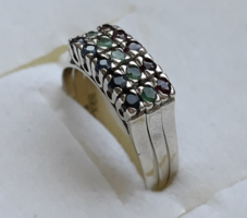 15 darab természetes kővel (zafír, rubin, smaragd) antik fehér arany gyűrű - jelzett