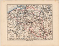 Belgium és Luxemburg térkép 1892, eredeti, német nyelvű, régi, Meyers atlasz, Európa, észak