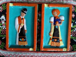 Jolán Szécsi's wall-hanging ceramic pictures in folk costume, with markings.