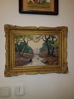 Erdei festmény, patakkal, őzekkel, fa, olaj