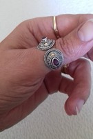 Egyedi,török stílusú nyitott ezüst gyűrű,arannyal és gránát kővel
