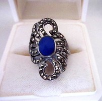 Old silver ring with lapis and marcasite decoration, size 6
