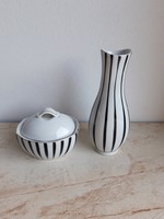Hollóházi porcelán art deco váza és bonbonier csíkos szett