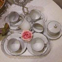 Porcelán teás készlet ezüst, fehér szinben