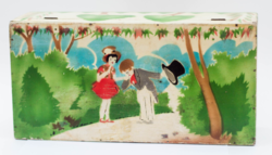 Szecessziós régi játszódoboz - gyerek játékdoboz, sablonba fújt festékkel festve
