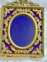 Nagyon régi jelzett olasz réz fényképkeret kékes lilás bársonnyal