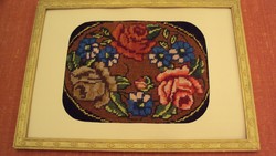 Antique, rose-patterned tapestry picture, in a passe-partout - (carved frame, protected by glass)
