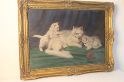 Három cica; játszadozó macskák festmény , olaj , vászon