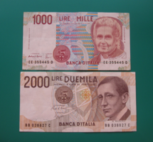1 000 ₤ és 2 000 ₤ - Olasz lira - 2 db bankjegy -1990 - M. Montessori és  G. Marconi