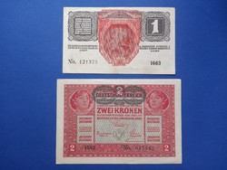 1916 1 Korona és 1917 2 korona bankjegy pár 