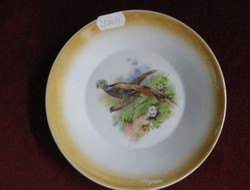 Zsolnay porcelain cake plate with a golden edge and a pheasant motif. Its diameter is 15 cm. Antique. He has!