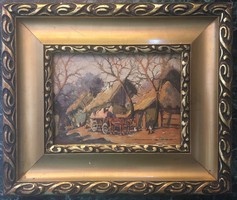 György Németh /1888-1962/: farmyard oil painting on wood