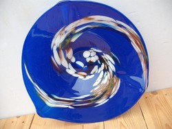 Pazar kék színű Muránói üvegtál, asztalközép, 34 cm átmérőjű