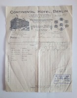Szecessziós Berlin Hotel Continental-számla, 1912, nagyméretű