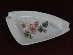 Raven house porcelain ashtray, triangular. Snow white with gold stripe, hand painted flower. He has!