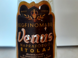 Régi étolajos palack " Legfinomabb Venus Napraforgó Étolaj " címkés olajos üveg 1965