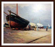 Csónakok és hajók - mesés olajfestmény ( 62.5 x 51.5, keret nélkül )