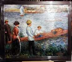 Csónakra várva - Gyönyörű olajfestmény ( keretezett méret 65 x 55 )