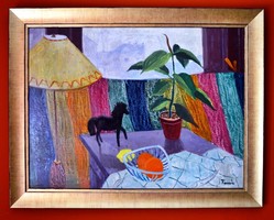 TAMÁS Ervin (1922-1996) festmény, Enteriör, 1970-es évek, 74 x 94 cm, olaj farost, jjl. Tamás