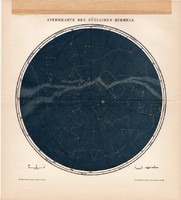 A déli csillagos ég térkép, litográfia 1895, német, színes nyomat, csillagászat, csillag, égbolt