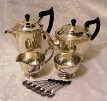 Csillogó felületű, vintage, Sheffield, ezüstözött tea és kávé szervírozó készlet 6 db kiskanállal