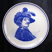 Delfts blauw kézzel festett tányér, férfi portré.