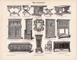 Bútor, egyszín nyomat 1896, német nyelvű, eredeti, asztalos, fotel, szék, asztal, szekrény, történet