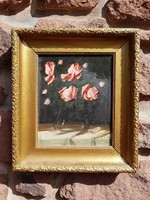 Murin Vilmos: Szent Erzsébet rózsa, olaj, festőkarton 23x28cm, festmény, csendélet. Antik képkeret.