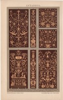 Intarzia, litográfia 1893, színes nyomat, német nyelvű, Brockhaus, dísz, díszítés, olasz, Perugia